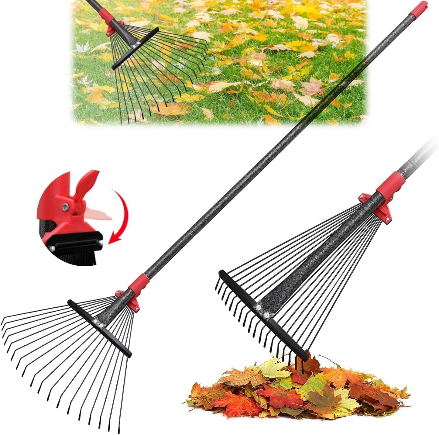 61 Inch Rake for Leaves , Adjustable 18 Tines with Expandable Head 9-18in Grass Rake Heavy Duty Metal Rakes for Women Children Yard Gardener Gardening Grass Debris Lawns
