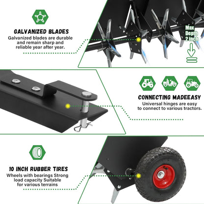 Doniks 48-Inch Tow Behind Lawn Plug Aerator with Universal Hitch, Lawn Aerator Tow Behind with 30 Galvanised Steel Tines,Tray and Inflatable Wheels for Gardens, Lawns, Farms