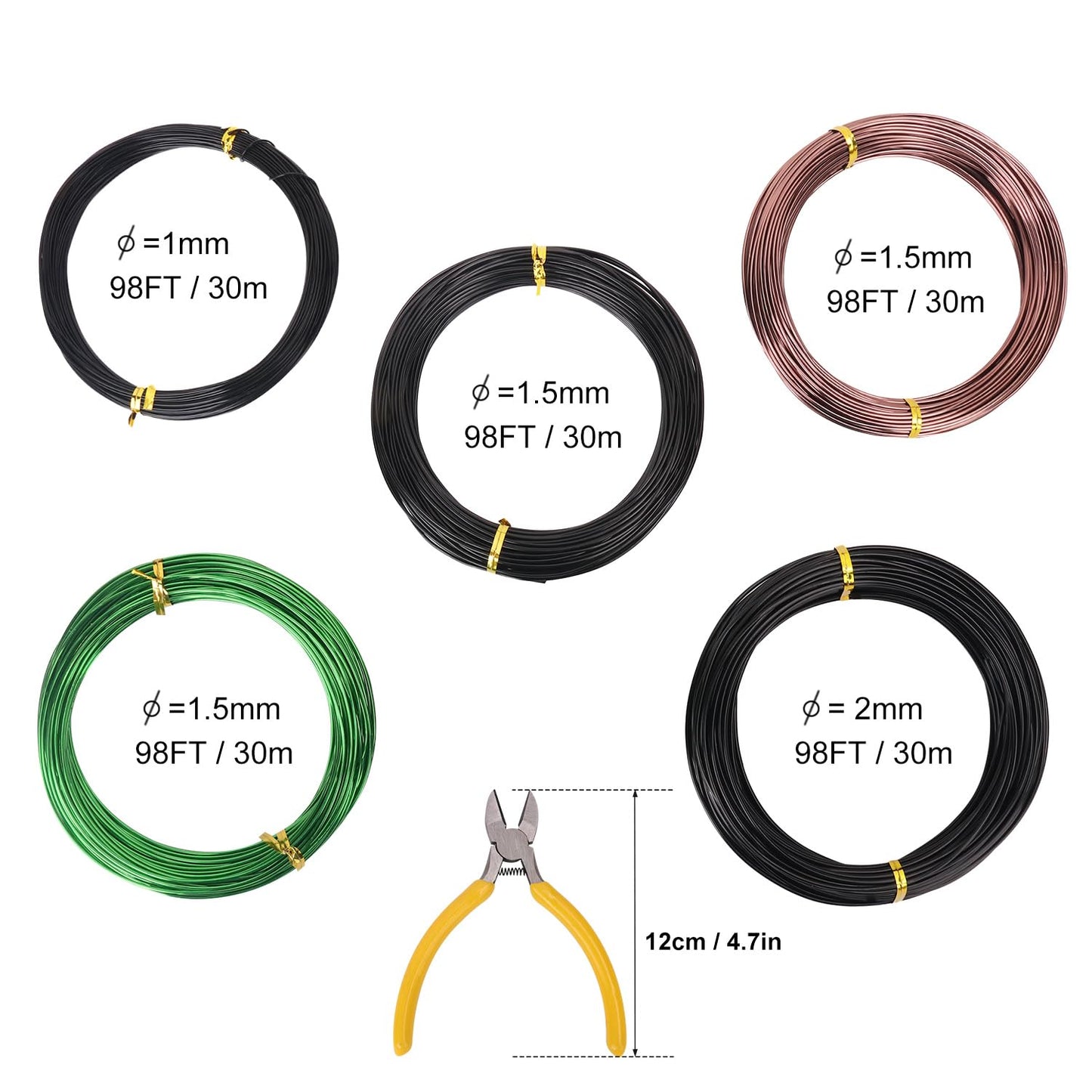 5 Roll 98 Feet Color Aluminum Bonsai Training Wire, Anodized Bonsai Training Wires with Cutter, 1.0mm, 1.5mm, 2.0mm Bonsai Wire for Tree Shaping & Plant Training(490 Feet Total)