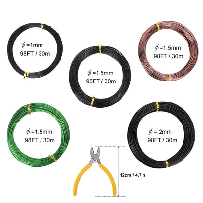5 Roll 98 Feet Color Aluminum Bonsai Training Wire, Anodized Bonsai Training Wires with Cutter, 1.0mm, 1.5mm, 2.0mm Bonsai Wire for Tree Shaping & Plant Training(490 Feet Total)