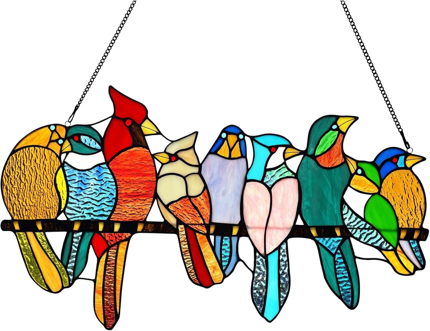 Stained Glass Birds Window Hangings, 9 Multicolor Stained Glass Birds on Branch Suncatcher, Handmade Tiffany Style Bird Lovers Gifts Decor for Mother, Women.