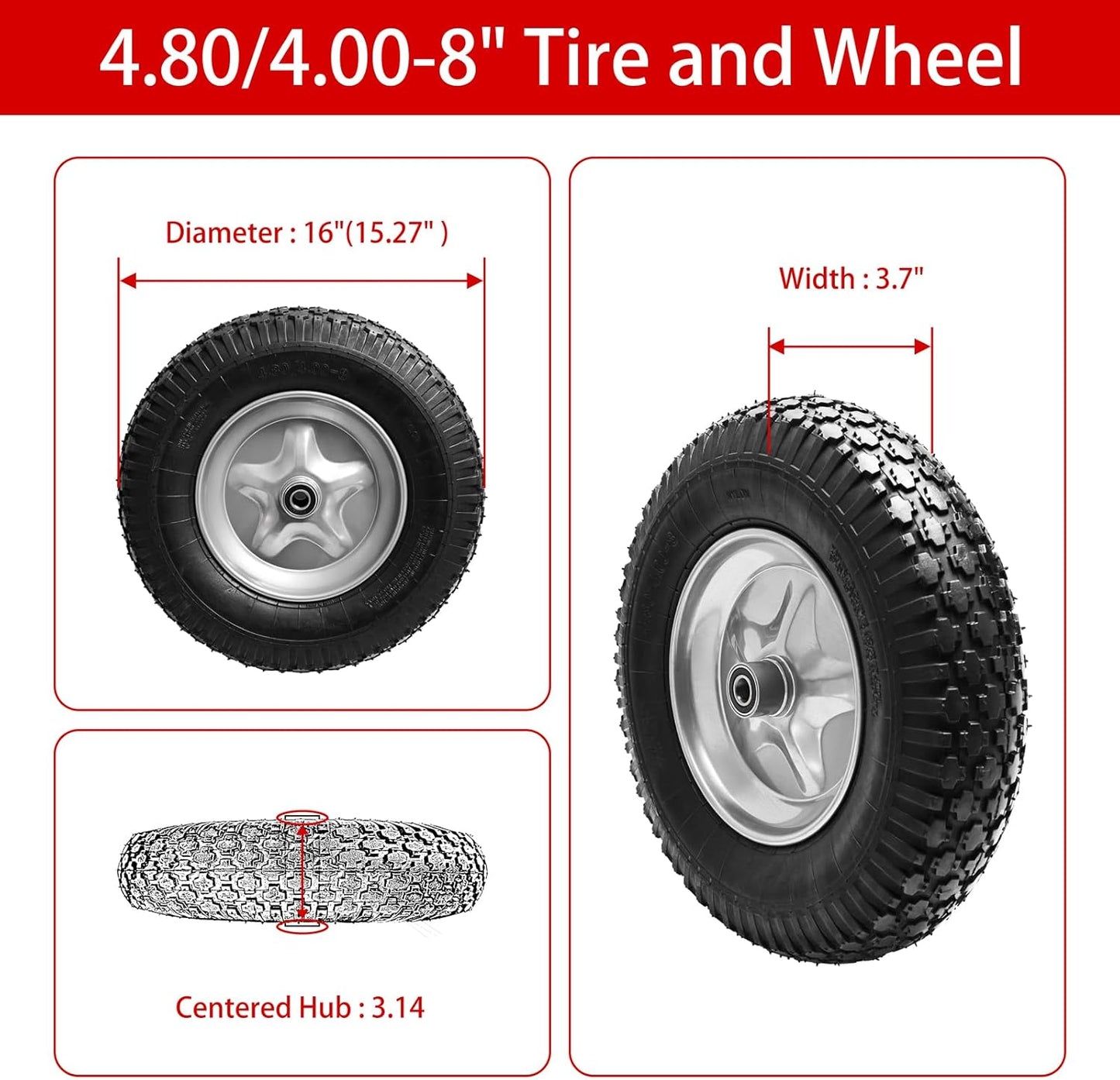 4.80/4.00-8" Tire, 16" Pneumatic Wheelbarrow Tire and Wheel with 5/8" Bearings (Extra 3/4") and 3" Centered Hub for Wheelbarrow/Garden Carts/Hand Truck/Yard Wagon Dump Cart (2-Pack)