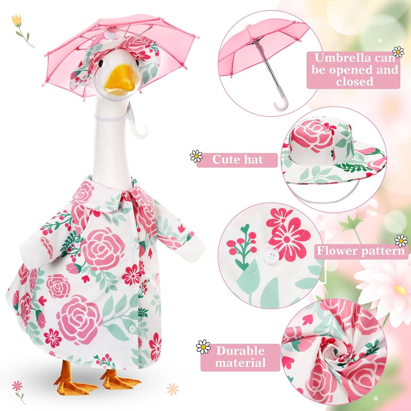 Soulchen Porch Goose Outfit with Umbrella for Lawn Porch 23'' Goose Costume Pink Flower Skirt for Spring Summer Outdoor Patio Yard Lawn Decoration