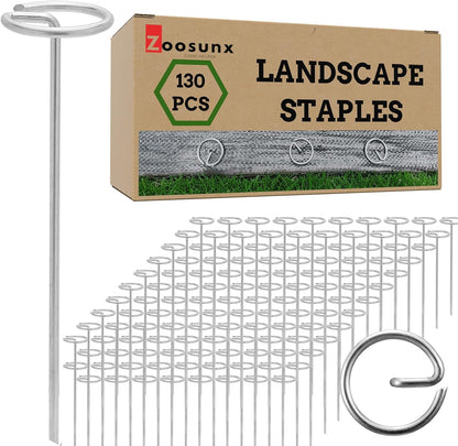 Landscape Fabric Pins 130 Pack - 6 Inch 11 Gauge Galvanized Steel Garden Stakes - Heavy Duty G-Shape Top Ground Anchor Pins for Weed Barrier Fabric, Sod, Tents, Outdoor Inflatable. (130)