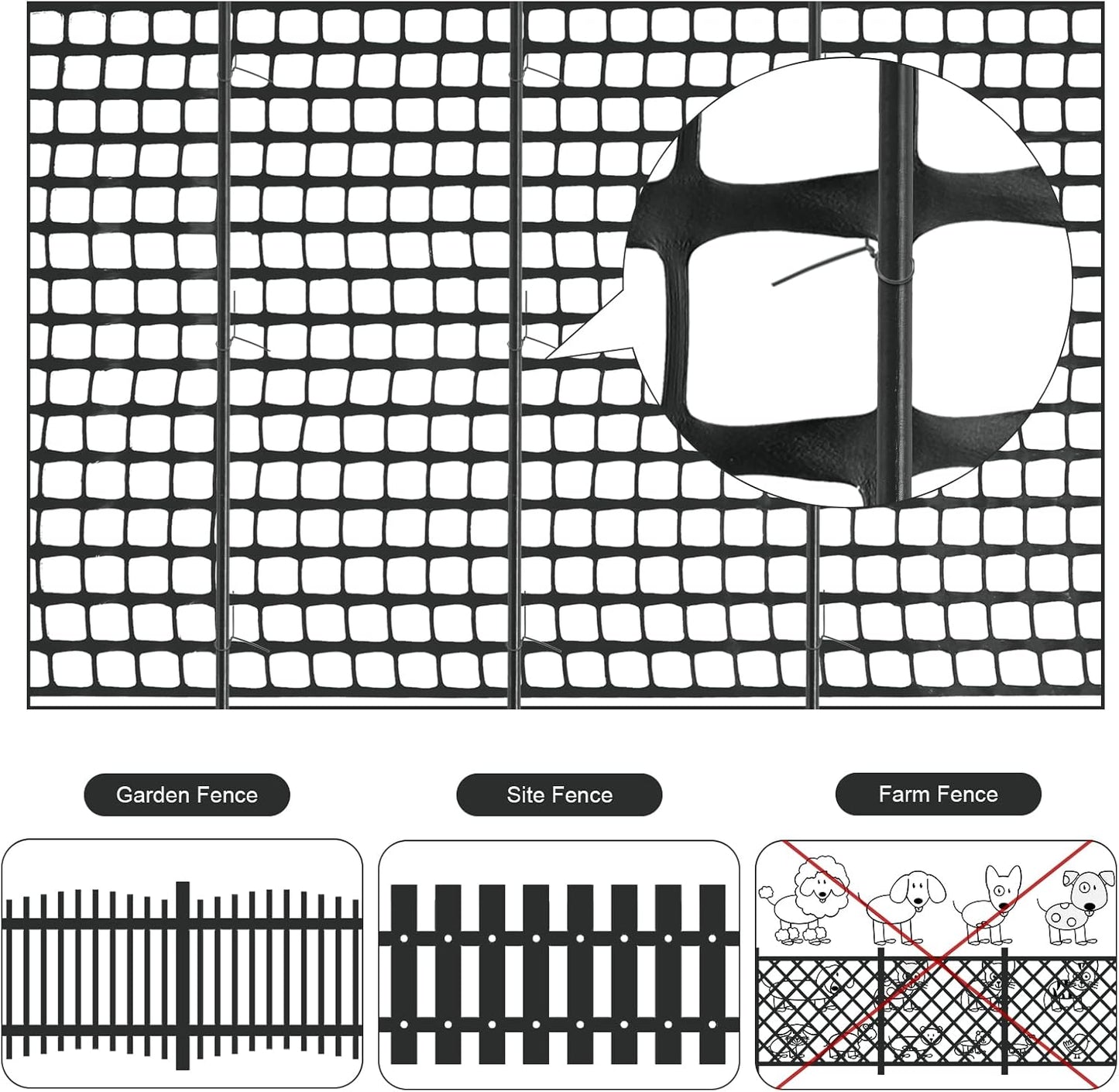 Plastic Garden Fencing Roll Safety Construction Barrier Outdoor Snow Mesh Fence Garden Netting, 1.2 Inch Mesh, Coated Iron Wire Support Stakes, Cable Ties for Garden (Black, 2 x 50 Feet)