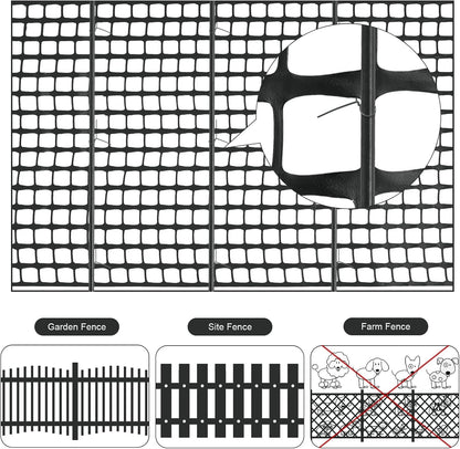 Plastic Garden Fencing Roll Safety Construction Barrier Outdoor Snow Mesh Fence Garden Netting, 1.2 Inch Mesh, Coated Iron Wire Support Stakes, Cable Ties for Garden (Black, 2 x 50 Feet)