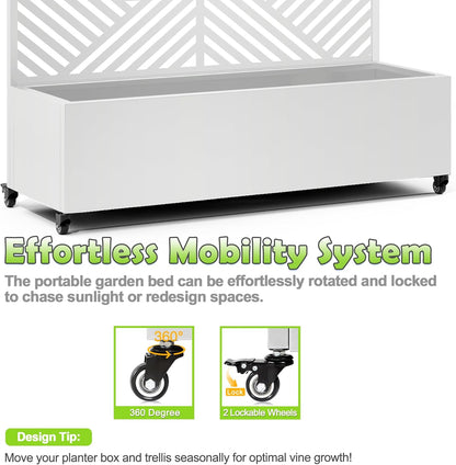 15.7"×70.9"×47.2" Metal Raised Garden Bed with Trellis and Wheels - Tall Trellis Planter Box for Climbing Plants, Vegetables & Vines - Outdoor Privacy Planters for Patio (White-Zodiac)