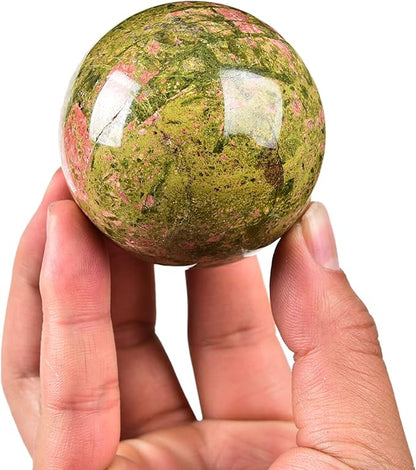 JIC Gem Unakite Stone Crystal Sphere Ball with Decorative Stand Quartz Crystal Ball Healing Gemstone Sphere for Fengshui Reiki Decor (50-60mm)
