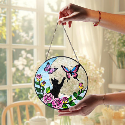 Black Cat Butterfly on Moon Window Hanging, Pet Stained Glass Suncatcher, Gift Ideas for Pet Lovers, Pet Decorations for Home, Birthday Gifts for Grandma Mom Women, Memorial Gift for Cat Loss