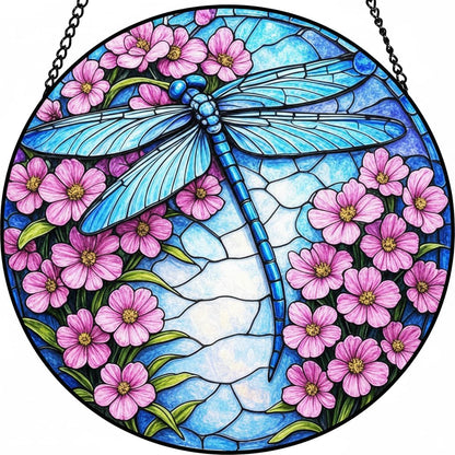 Stained Glass Window Hanging – Dragonfly Sun Catcher Round Glass Panel, Blue Floral Window Decor, Suncatchers for Windows Hanging Gift for Women & Mom (12 Inch)