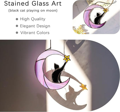 HDCRYSTALGIFTS 6.5'' Black Cat Decor on Purple Moon Stained Glass Window Hanging Suncatcher,Wall Art Glass Window Panel Sun Catcher,Halloween Ornament Decoration Memorial Gift for Lover Cat Loss