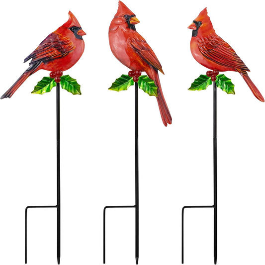 3 Pack Red Birds Metal Decorative Garden Stakes - 20 Inch Shaker Patio Decor Art and Rust Resistant