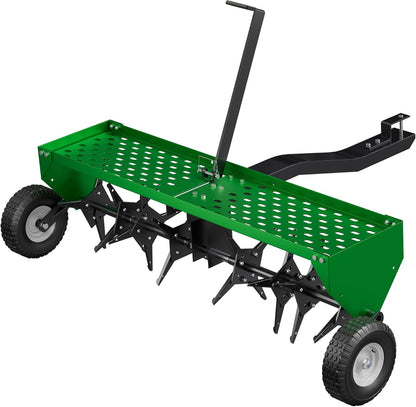 48" Lawn Aerator Tow Behind, Pull Behind Aerator with Universal Hitch, 32 Galvanized Steel Tines, Tray and Pneumatic Tires, Plug Behind Aerator is Suitable for Gardens, Lawns and Farms