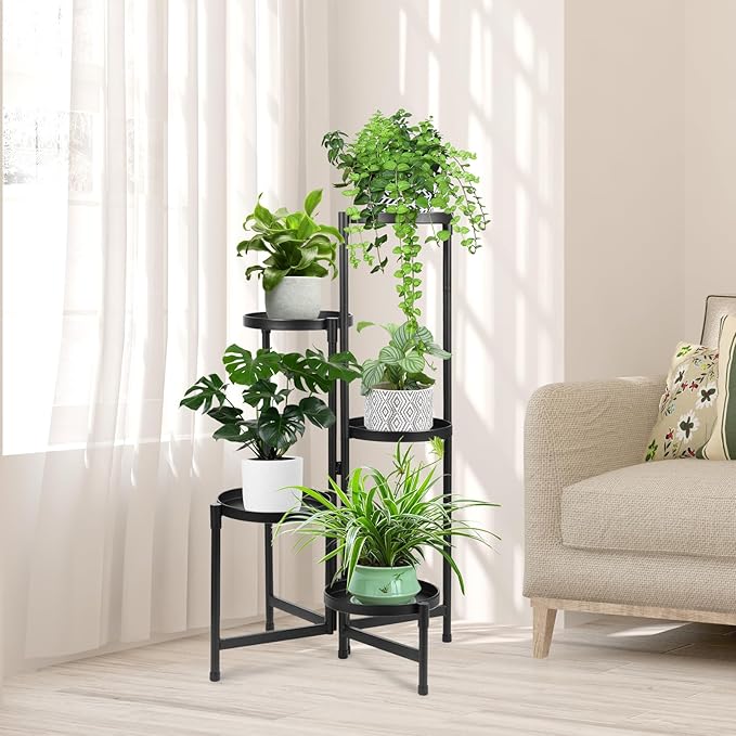 Plant Stand Indoor Outdoor 5 Tier Foldable Corner Tall Plant Shelf for Multiple Plants, Black Metal Tiered Plant Stand Sturdy and More Balanced for Garden Patio Lawn Balcony (5 tier)