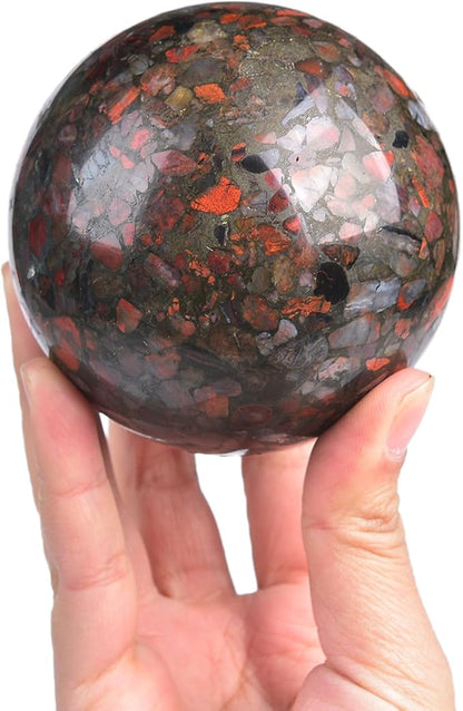 JIC Gem Brazilian Red Agate Crystal Sphere Gemstone Sphere Red Healing Crystal Ball with Display Stand Home Decor Meditation Grid Energy Balance (80-90mm)