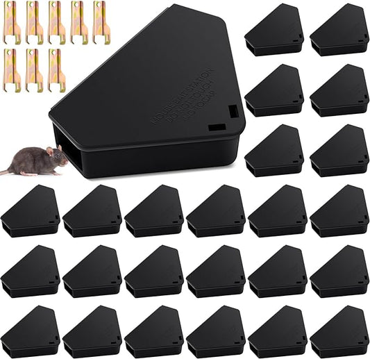 Qualirey 24 Pcs Mice Station with Key Triangle Bait Station Reusable Rodent Trap Bait Box, Keeps Children and Pets Safe Indoor & Outdoor, Bait Not Included, Suitable for Small Mice (Black)