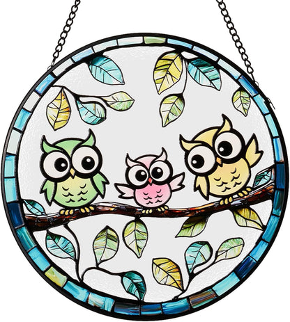 7.87” Owl Stained Glass Suncatcher - Hand-Painted Colorful Owls on Tree Window Hanging with Metal Chain, Vibrant Bird Decor for Indoor/Outdoor - Gift for Women, Mothers Day & Bird Lovers