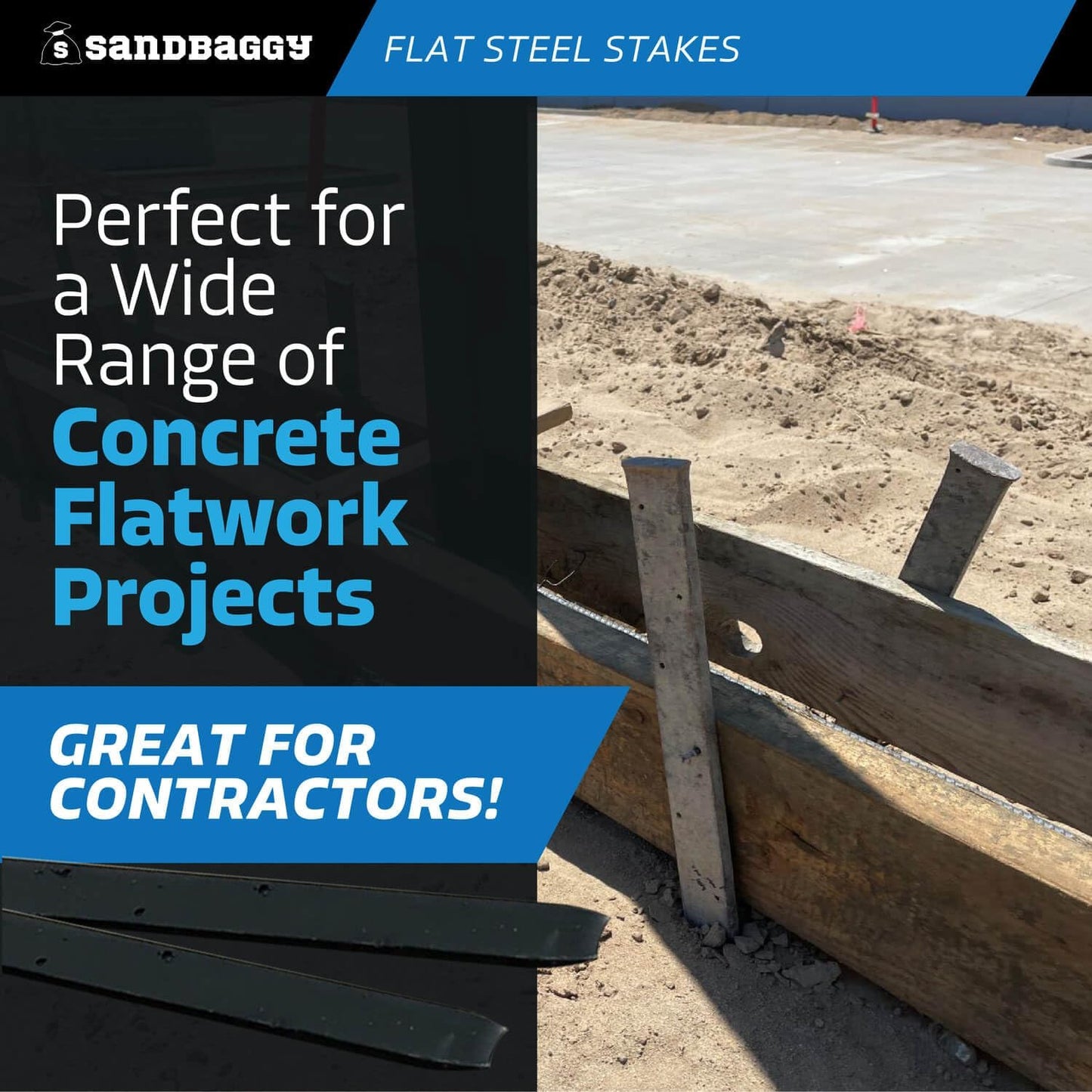 Sandbaggy Flat Steel Stakes for Concrete Forms with Nail Holes - 1.5" Wide - Painted - Removable, Reusable, V Point End - Construction Grade Stakes (20, 30 inch)