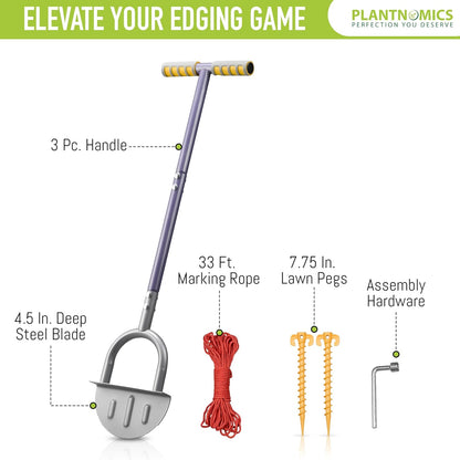 Half-Moon Edger Lawn Tool – Steel Garden Edger for Landscaping & Borders with Rope & Pegs for Precision – Saw-Tooth Manual Edger Lawn Tool with Ergonomic Rubber-Grip Handles, 39 in.