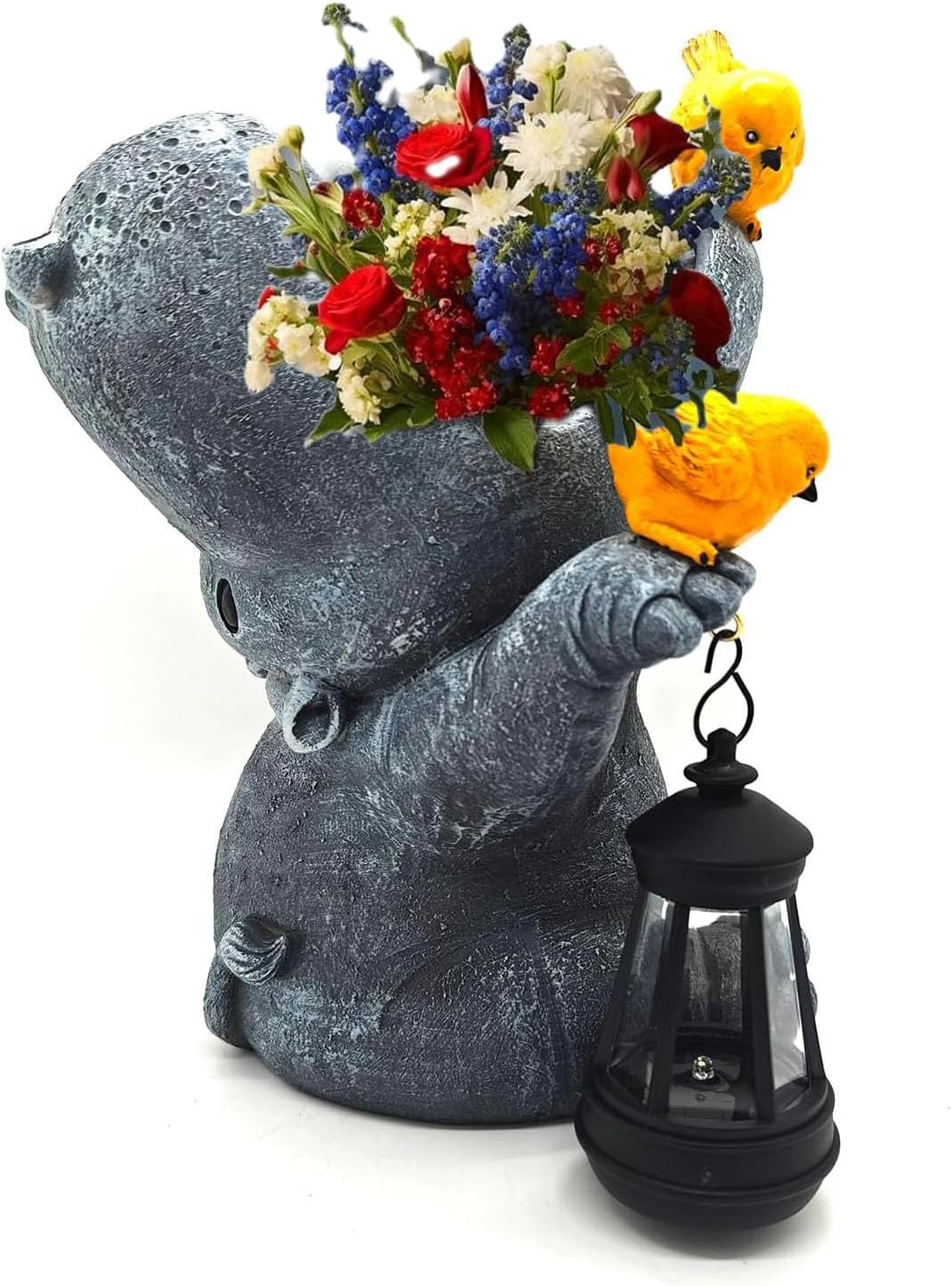 Large Hippo Solar Garden Outdoor Statues Hippo Planter Flowers Vase for Fresh/Artificial Hippo Figurine Garden Statue with Solar Lantern Bird Statue Hippo Gifts Housewarming Gift
