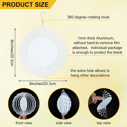 4 Pack Sublimation Wind Spinner 8 Inches Blanks 3D DIY Wind Sculptures Stainless Aluminum Hanging Ornaments Wind Powered Kinetic Trim Decor for Yards Gardens Windows Porch