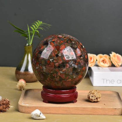 JIC Gem Brazilian Red Agate Crystal Sphere Large Gemstone Sphere Red Healing Crystal Ball with Display Stand Home Decor Meditation Grid Energy Balance (90-100mm)