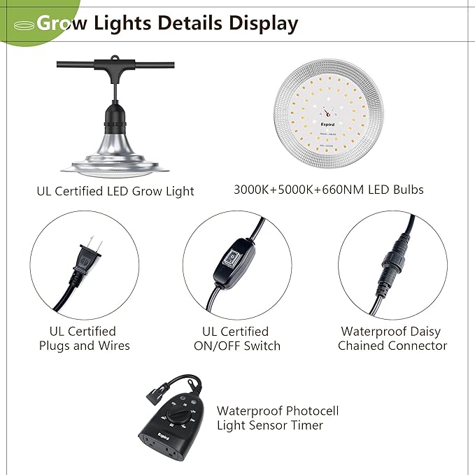 Espird Outdoor LED Grow Light with Timer, 12-Light Full Spectrum Grow Light Strip, Waterproof Plant Lamps, UL Certified String Grow Lights for Greenhouse Garden, 41FT Light for Veg Seedling Flower