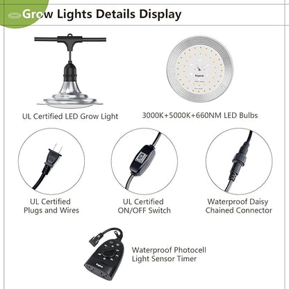 Espird Outdoor LED Grow Light with Timer, 12-Light Full Spectrum Grow Light Strip, Waterproof Plant Lamps, UL Certified String Grow Lights for Greenhouse Garden, 41FT Light for Veg Seedling Flower