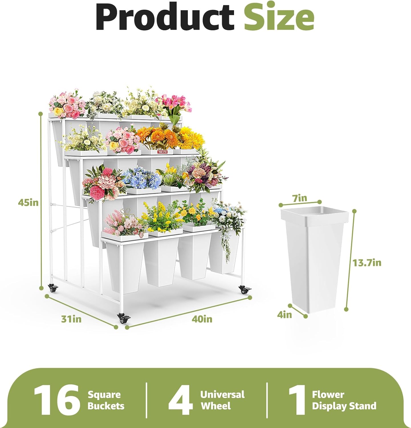 Flower Display Stand 4 Layers with 16 PCS Square Buckets, Plant Stand with Wheels, Movable Metal Plant Stand for Terrace Garden, Living Room, Florist Shop