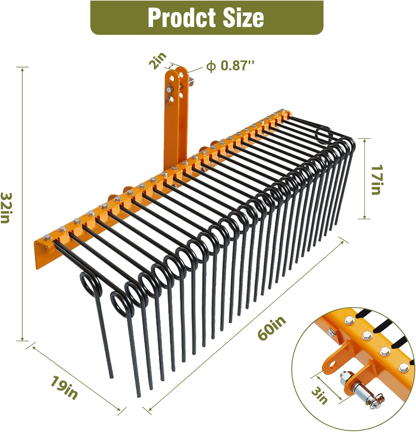 GAOMON 60 Inch Pine Straw Rake, 26 Coil Spring Tines Durable Powder Coated Steel Tow Behind Landscape Rake with 3 Point Hitch Receiver Attachment Fit to Cat0 Cat 1 Tractors for Leaves Grass, Yellow