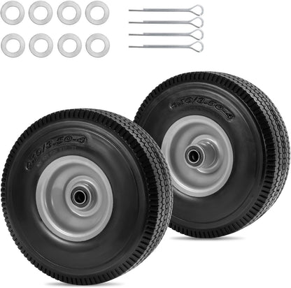 10" Solid Tire Replacement 4.10/3.50-4 Flat Free Tire and Wheel for Garden Carts, Hand Trucks, Wheelbarrows,10x3.50-4" with 5/8" Axle Bore & 2 1/4" Offset Hub (2 Pack)