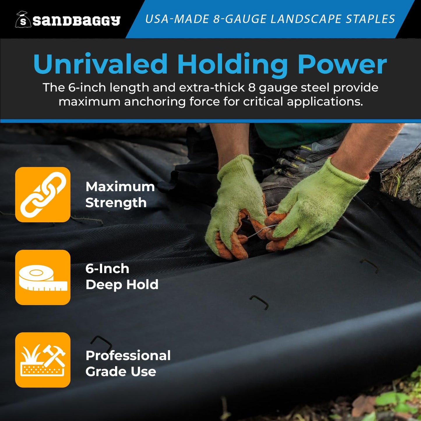 Sandbaggy USA Made 6-inch Landscape Staples - Garden Stakes - Landscaping Fabric, Netting, Sod, Artificial Turf (Extra Heavy Duty, 1000)