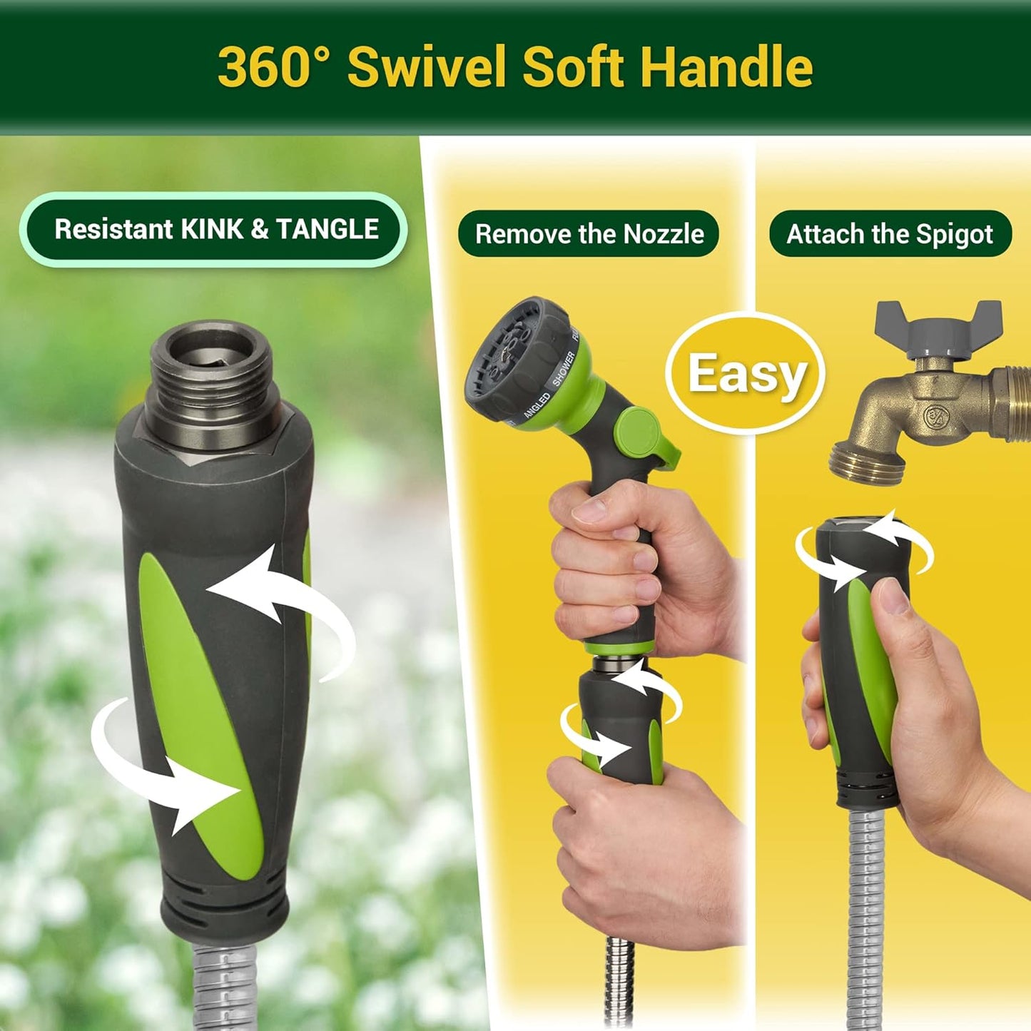 Garden Hose - Water Hose 75 FT with Swivel Handle, Flexible, Heavy Duty, No Kink, Lightweight Metal Hose for Outdoor, Yard, 304 Stainless Steel