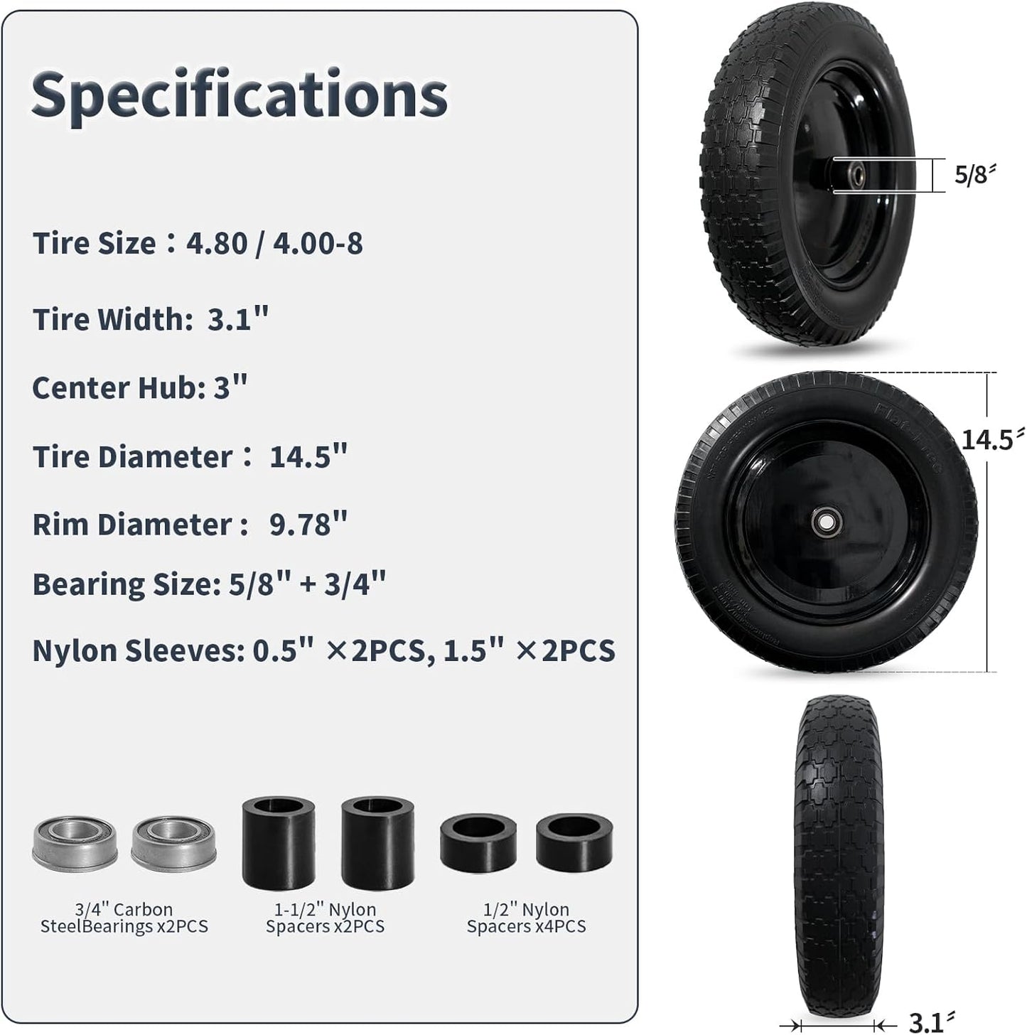 Wheelbarrow Tire 4.80/4.00-8 Flat Free Solid Tire Wheel 14.5 Inch, Replacement Heavy Duty Wheel, with 5.8" and 3.4" Bearings 3" Center Hub, fits Garden Cart, Dolly, Hand Truck, Trailer, Wagon, 2 Pcs