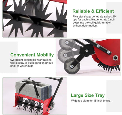 Lawn Aerator,16.5 inch Push Spike Aerator with Side skids, Height Adjustable Rear Wheel Pushed Aerator Lawn Tool, 2025 Upgraded Rolling Manual Tiller,Suitable for Lawn, Garden and Yard.