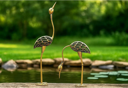 Seraphic Cast Iron Metal Crane/Heron Bird Garden Sculptures Statues for Indoor or Outdoor Lawn Decor, Rustic Bronze, Set of 2