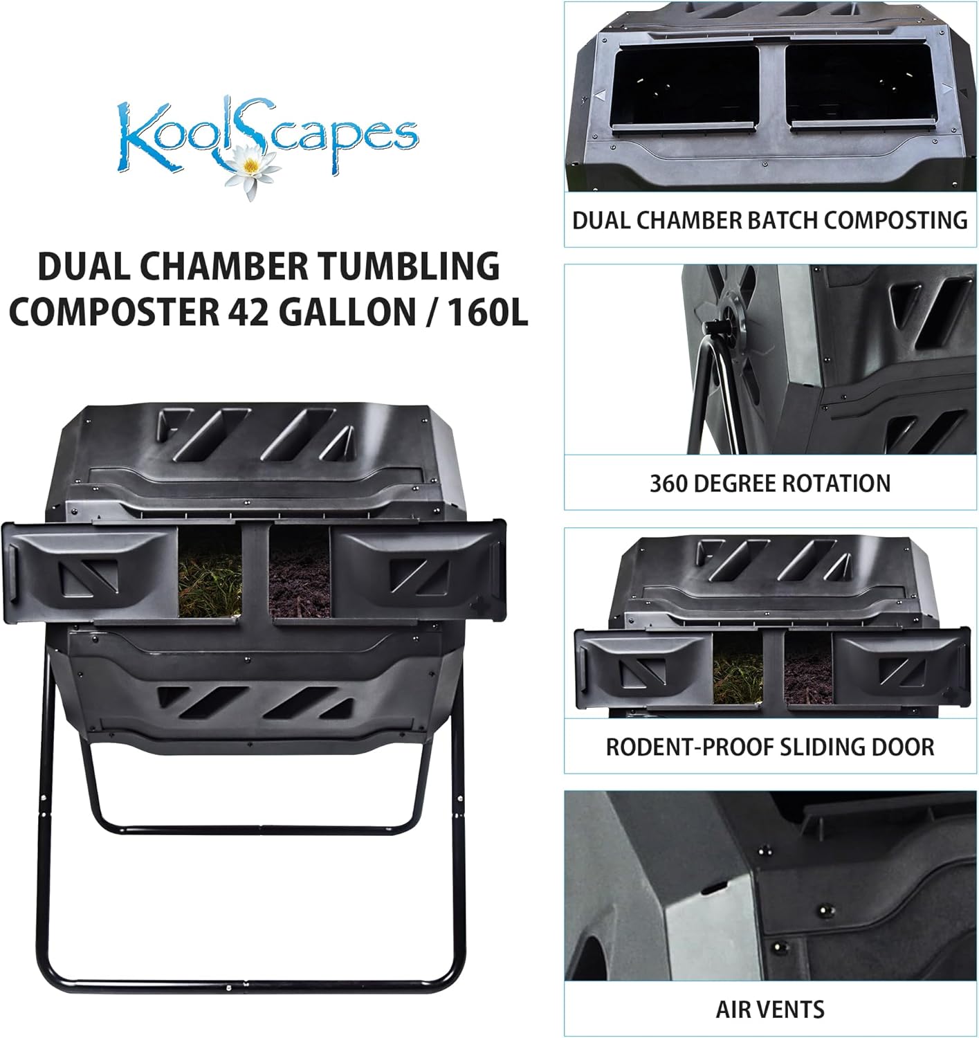 Dual Chamber Tumbling Composter 42 Gal (160L) Black Rotating Outdoor Compost Bin, Double Chamber Rotary Composter, Recycled Plastic with Steel Frame for Backyard and Vegetable Garden