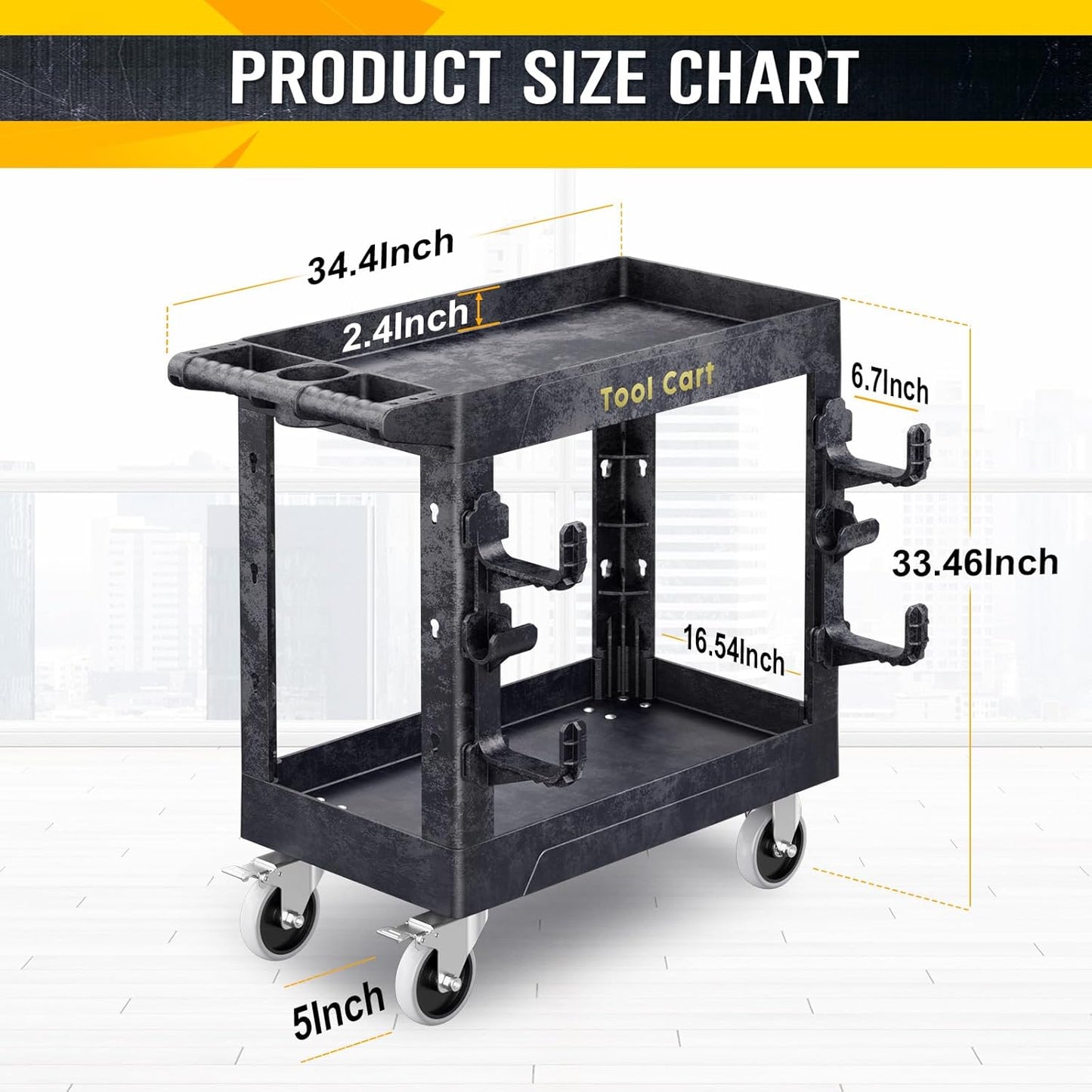 Heavy Duty Garden Tool Carts,600LBS Capacity 2 Tier Yard Tool Storage Rack with Side Hooks Garage Tool Cart with 360°Swivel Wheels Outdoor Garden Tool for Shed, Yard, Garage,Black