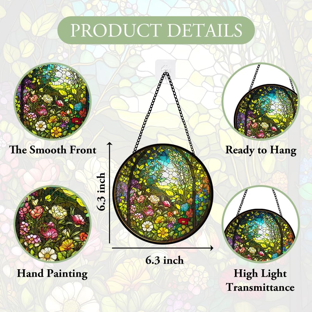 Blooming Flower Stained Glass Window Hanging, Floral Stained Glass Window Hanging, Suncatcher Panel Decorations, Floral Glass Ornament for Indoor Outdoor Wall, Garden Decor Gifts for Housewarming