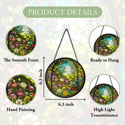 Blooming Flower Stained Glass Window Hanging, Floral Stained Glass Window Hanging, Suncatcher Panel Decorations, Floral Glass Ornament for Indoor Outdoor Wall, Garden Decor Gifts for Housewarming