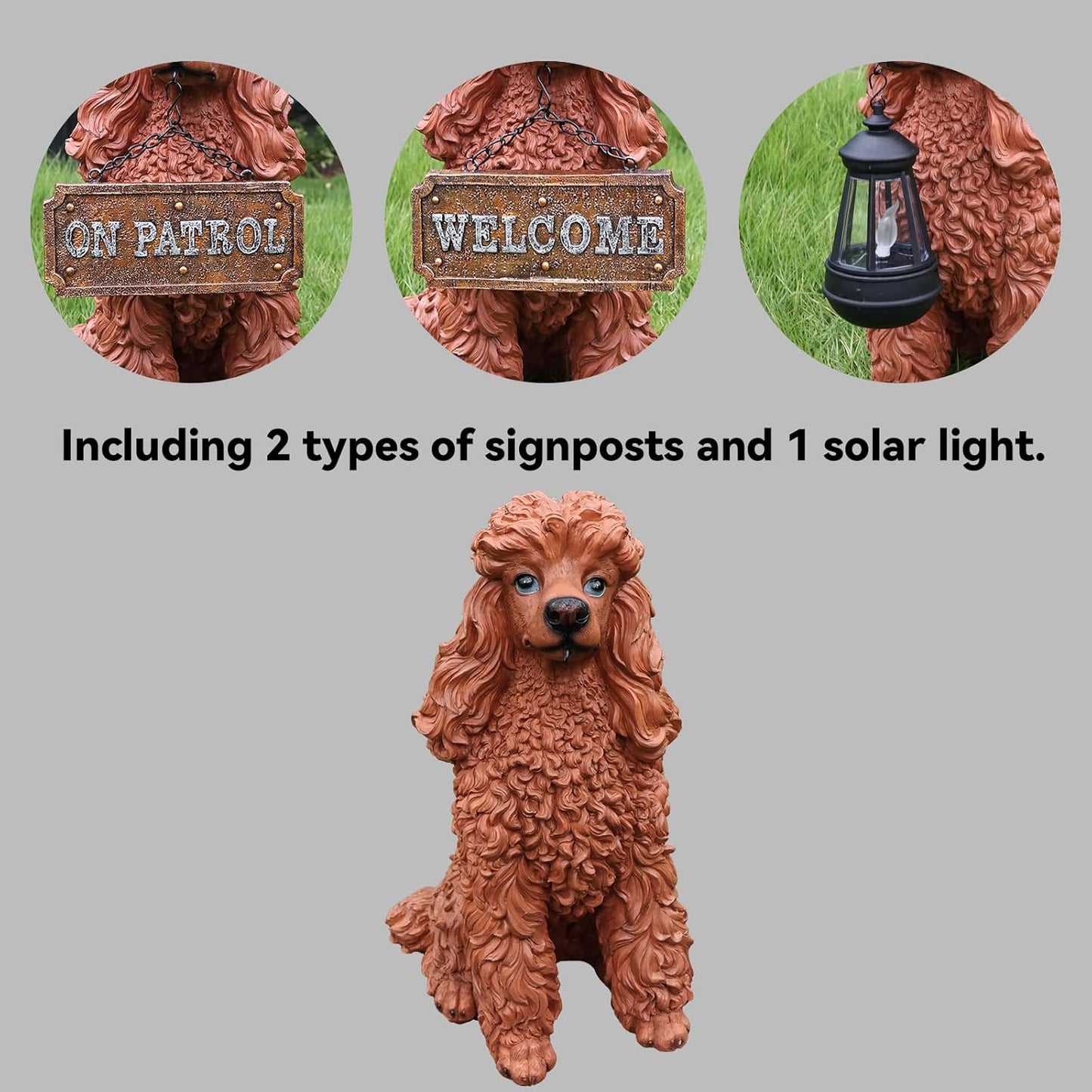 Poodle Outdoor Garden Statue with Double-Sided “Welcome/ON Patrol” Hanging Sign and Solar Lantern, Brown Sitting Dog for Porch, Path & Yard Décor