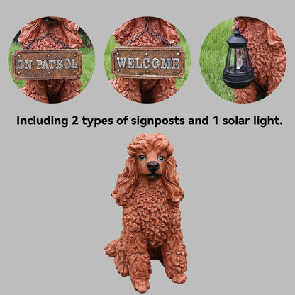 Poodle Outdoor Garden Statue with Double-Sided “Welcome/ON Patrol” Hanging Sign and Solar Lantern, Brown Sitting Dog for Porch, Path & Yard Décor
