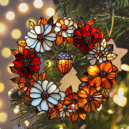 Autumn Floral Wreath Acrylic Suncatcher Stained Glass Effect Window Car Hanging Christmas Ornament Indoor Outdoor Decor Garden Sun Catcher Panel for Acrylic Suncatcher Lover for Women Mom Grandma