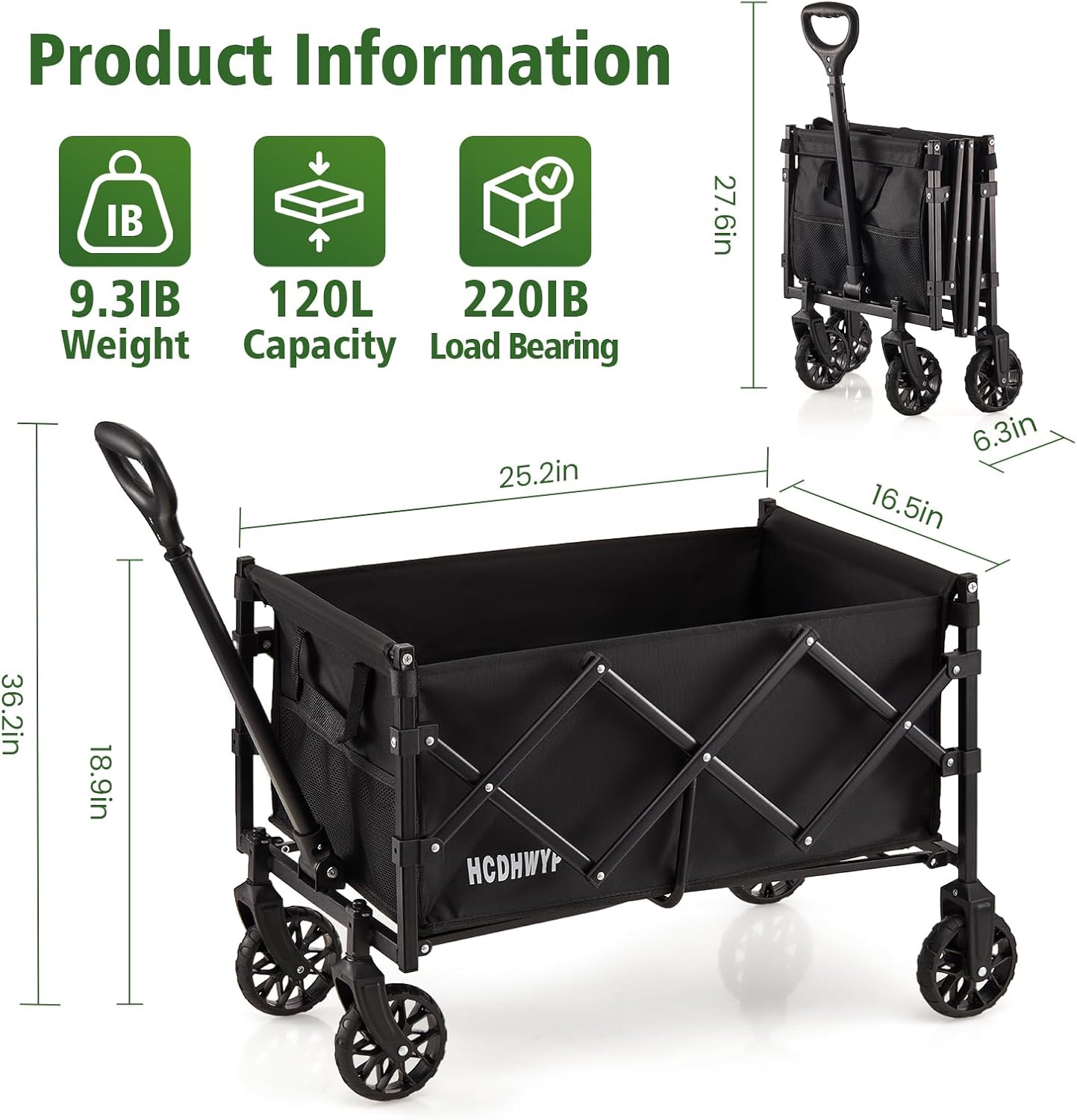 Collapsible Heavy-Duty Wagon Cart with PVC Wheels, Portable Folding Outdoor Utility Wagon for Sports, Garden, Grocery Shopping,Camping, Transportation,Hauling (120L)