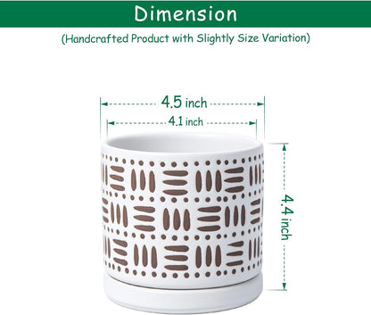 D'vine Dev Set of 2 Ceramic Planter Pots with Drainage Hole and Saucer, 4.5 Inch Plant Pots for Plants Indoor Houseplants, White, 99-Z-F-1-V