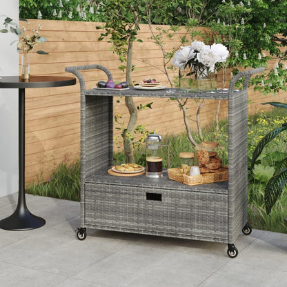 Outdoor Rolling Wicker Bar Cart with Drawer, Portable Bar Cart with Wheels, Patio Kitchen Island Cart for Pool Deck Backyard, Gray 39.4"x17.7"x38.2" Poly Rattan -461