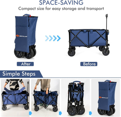 Goplus Collapsible Wagon, Folding Utility Wagon Cart w/Universal Wheels & Adjustable Handle & Cover Bag, Grocery Wagon for Garden Shopping Camping (Navy)