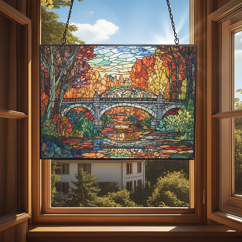Rectangle Art Nouveau Forest Train Bridge Stained Glass Sun Catcher, Wall Hanging Colored Decor Room Indoor Window Decor, Halloween, Christmas Hanging Ornament Mother Day
