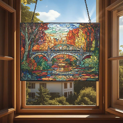 Rectangle Art Nouveau Forest Train Bridge Stained Glass Sun Catcher, Wall Hanging Colored Decor Room Indoor Window Decor, Halloween, Christmas Hanging Ornament Mother Day