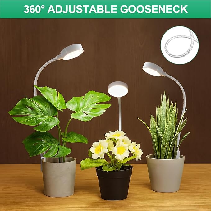 Grow Lights for Indoor Plants, Pot Clip LED Plant Lights for Indoor Growing, Full Spectrum, Plant Lamp with 5-Level Dimmable, Auto On Off 4/8/12/18 Hrs Timer for Succulents, Small Plant, White, 5V.